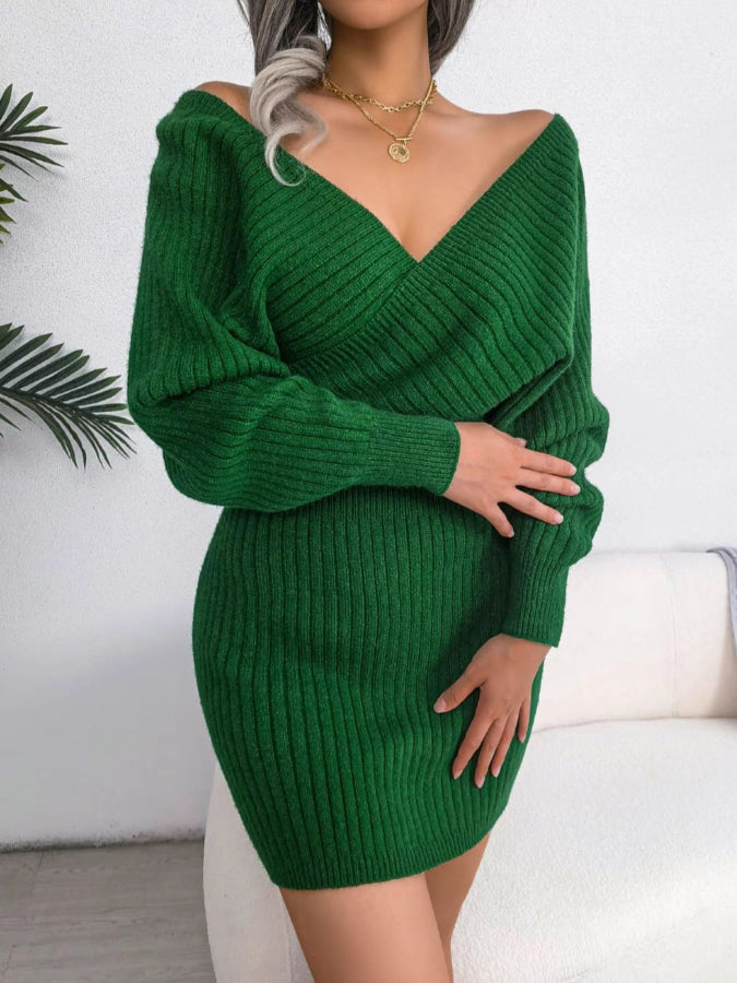 V-Neck Sleeved Knit Jumper Dress