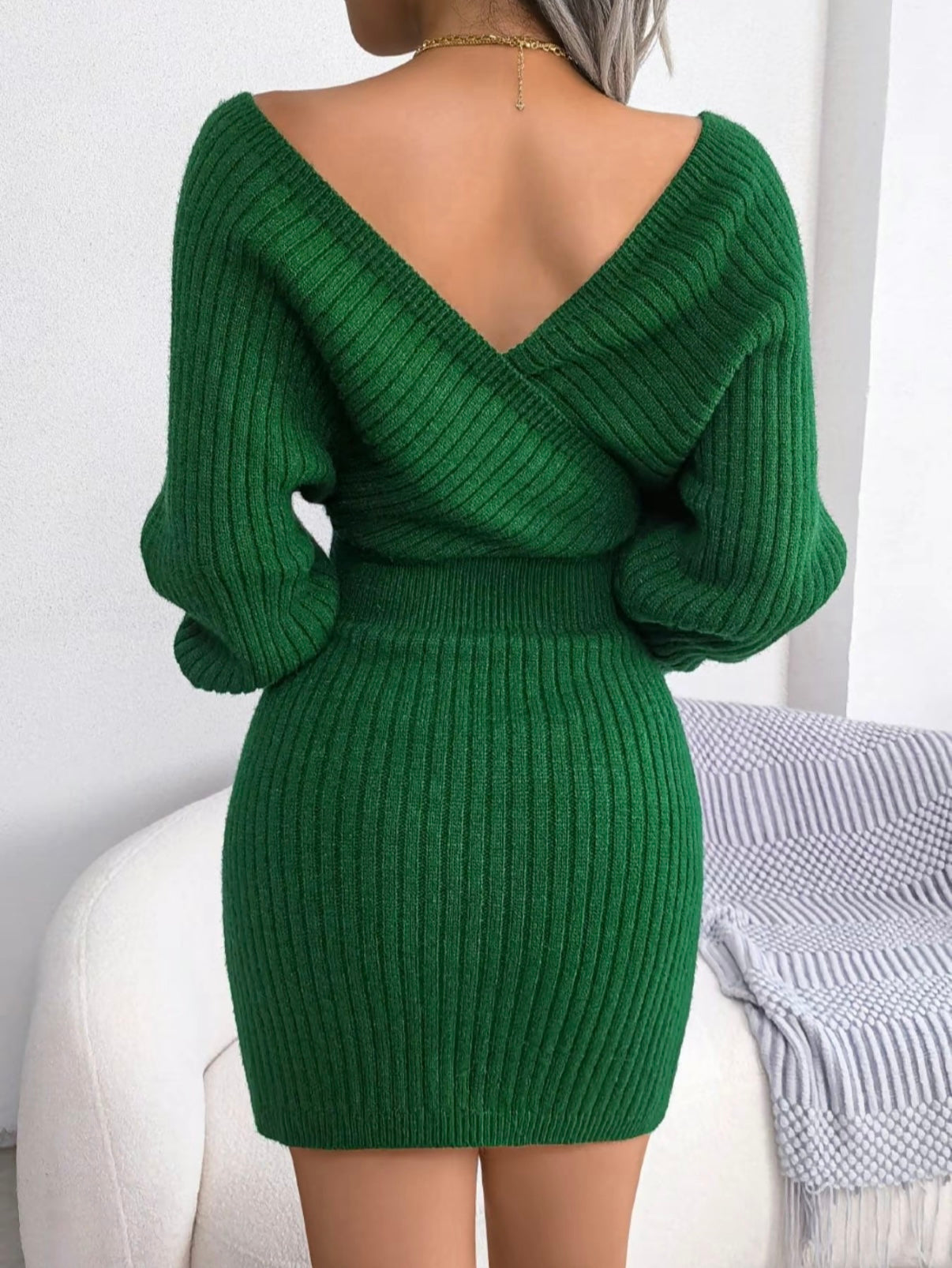 V-Neck Sleeved Knit Jumper Dress