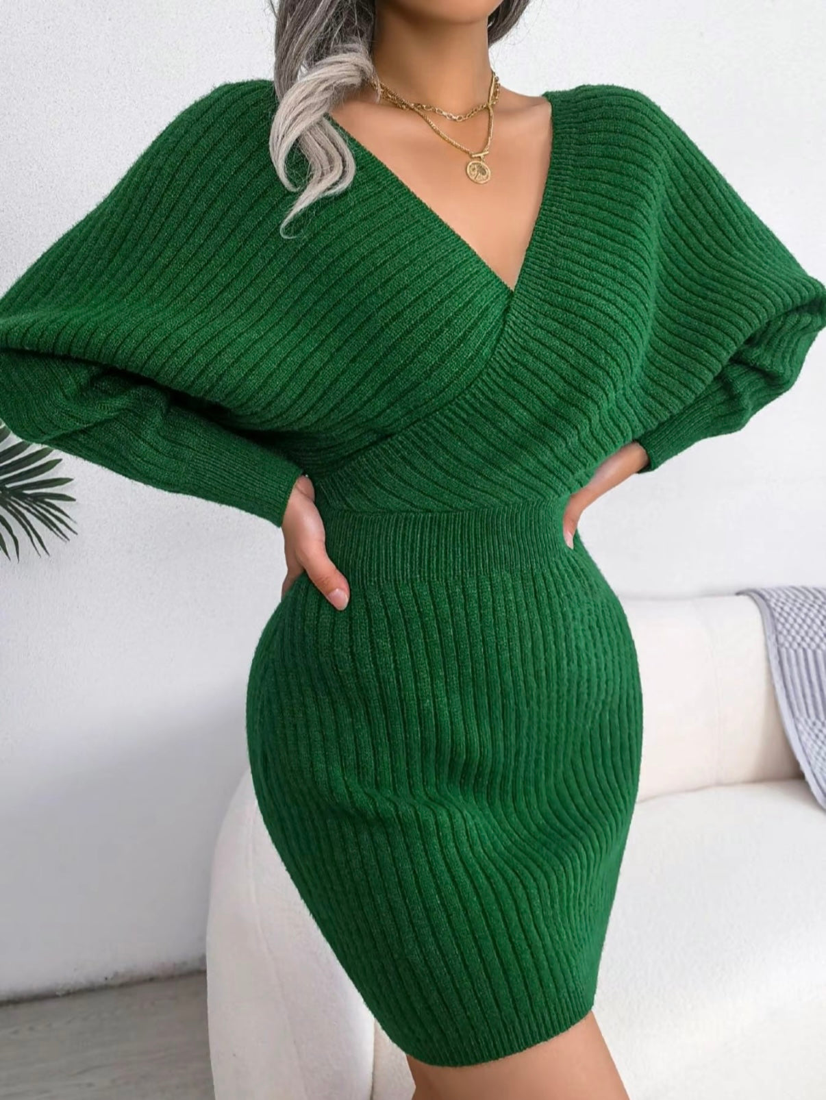 V-Neck Sleeved Knit Jumper Dress