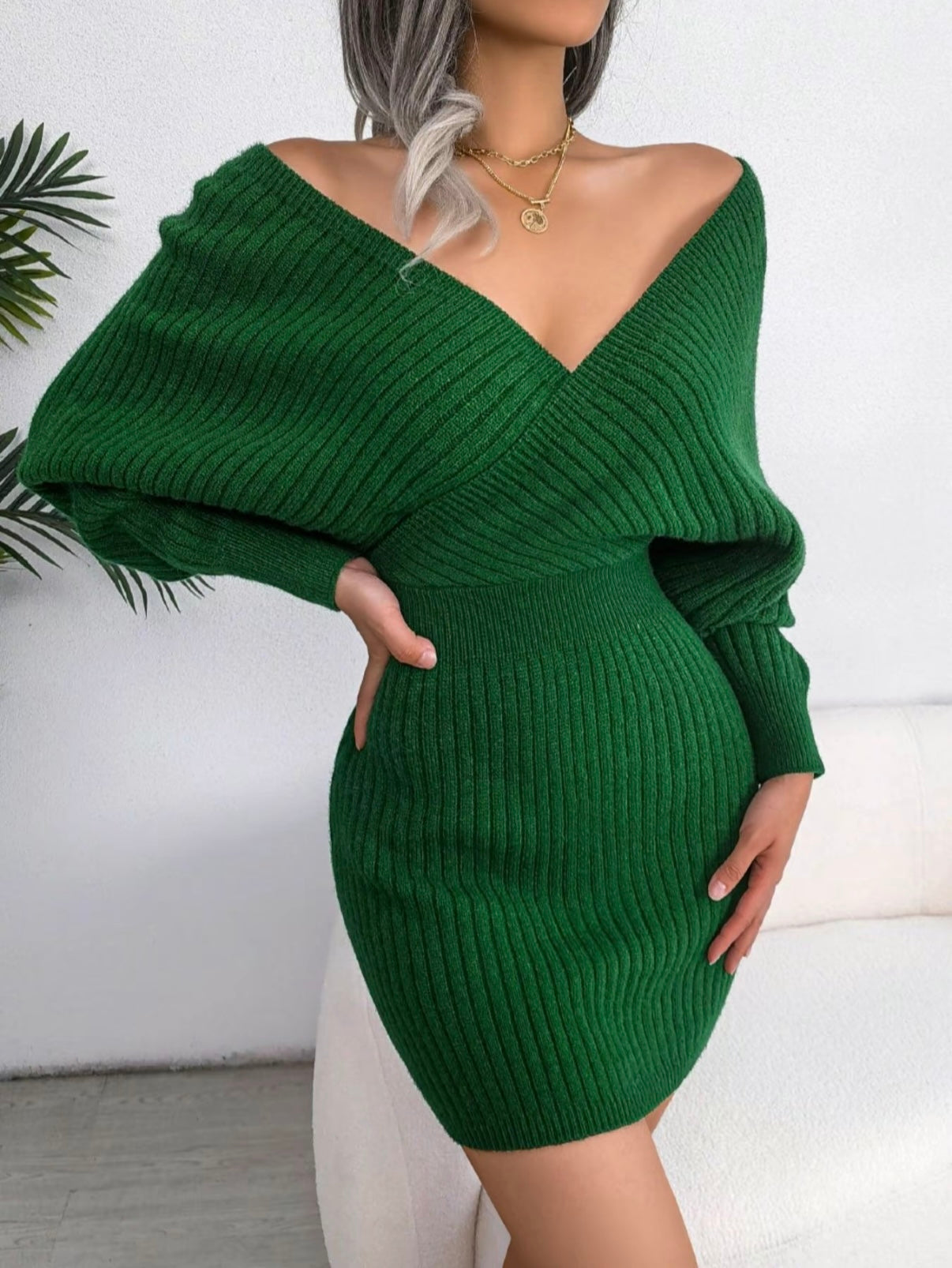 V-Neck Sleeved Knit Jumper Dress