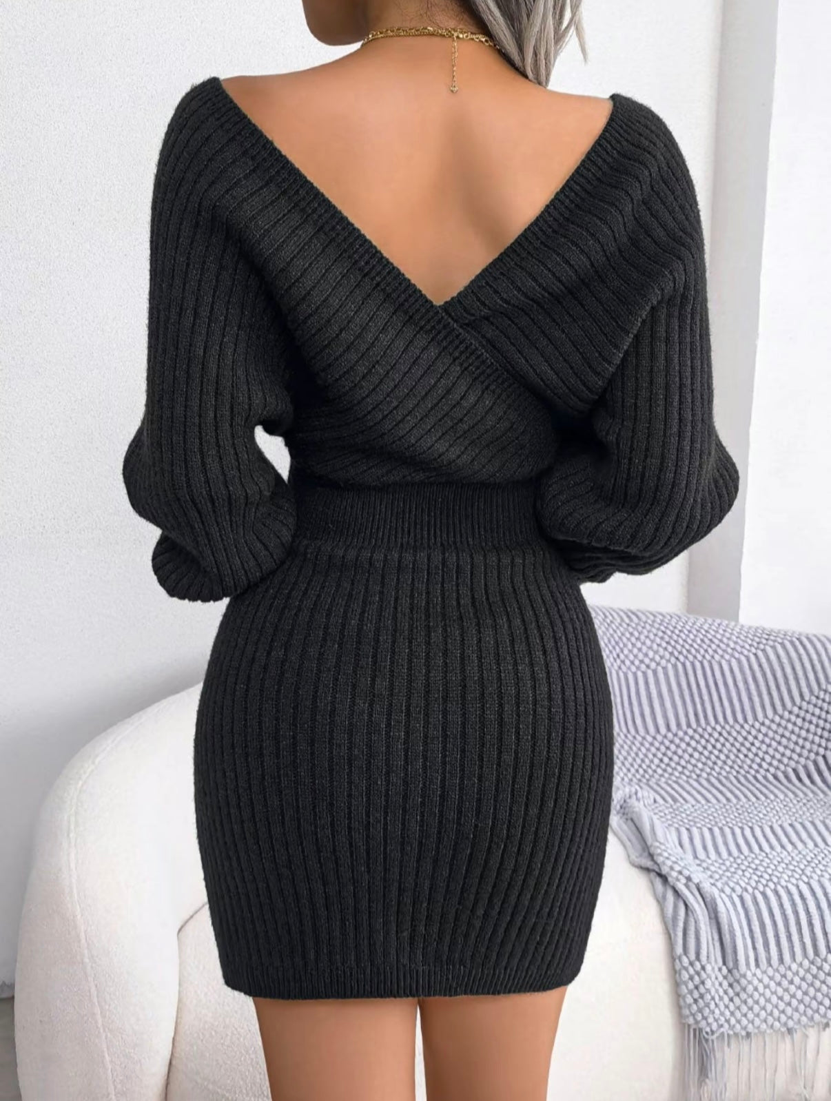 V-Neck Sleeved Knit Jumper Dress