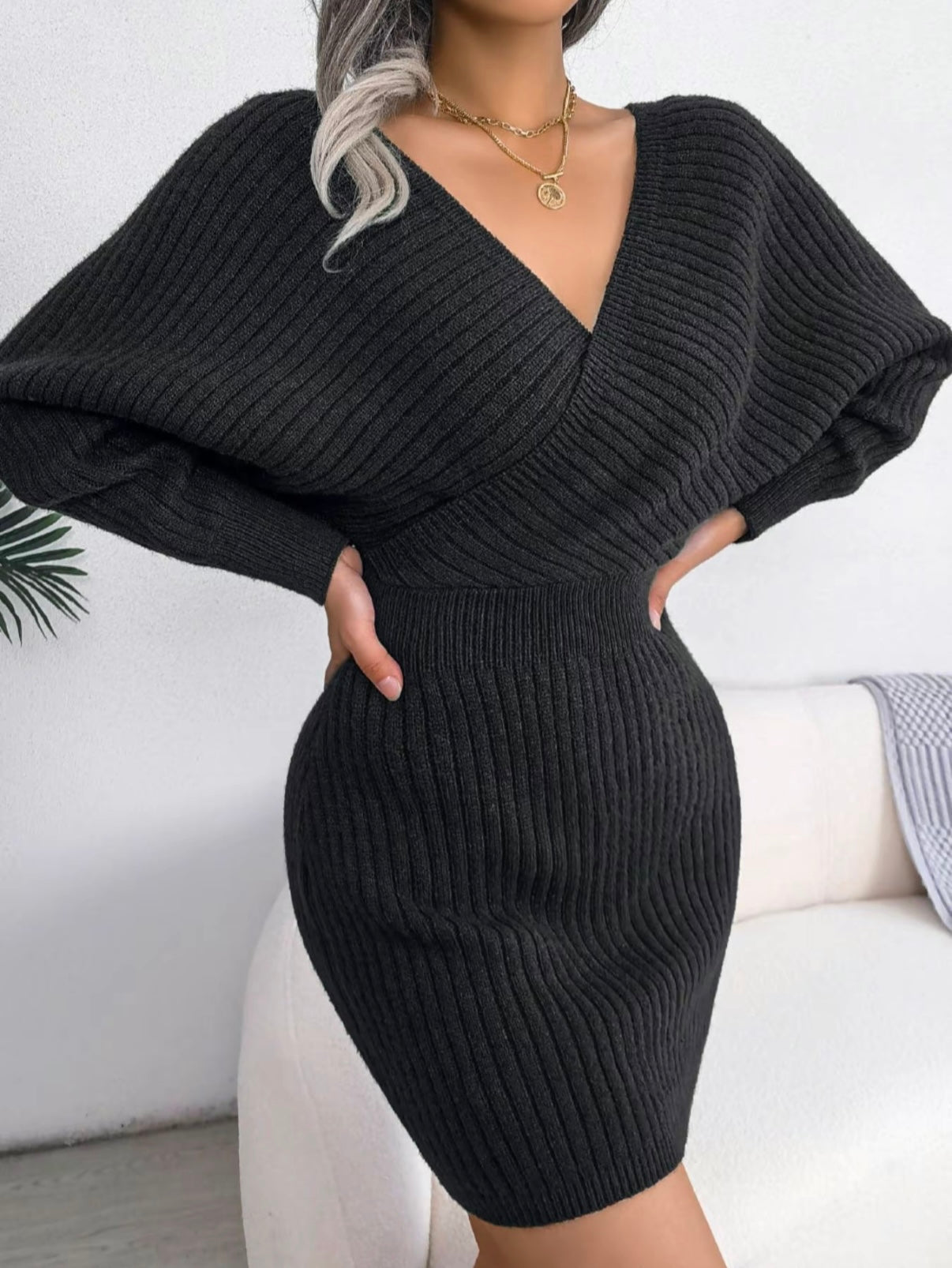 V-Neck Sleeved Knit Jumper Dress