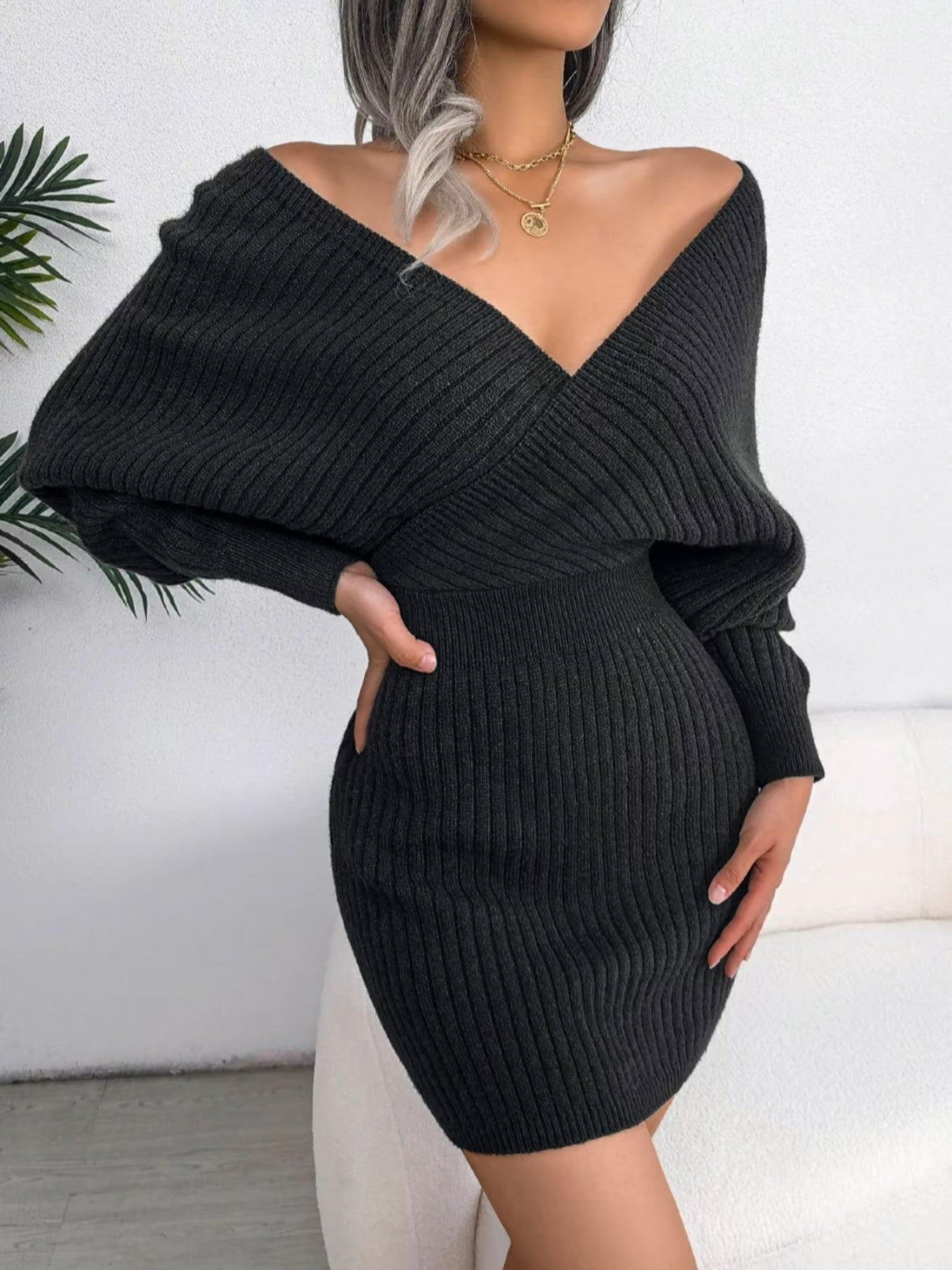 V-Neck Sleeved Knit Jumper Dress