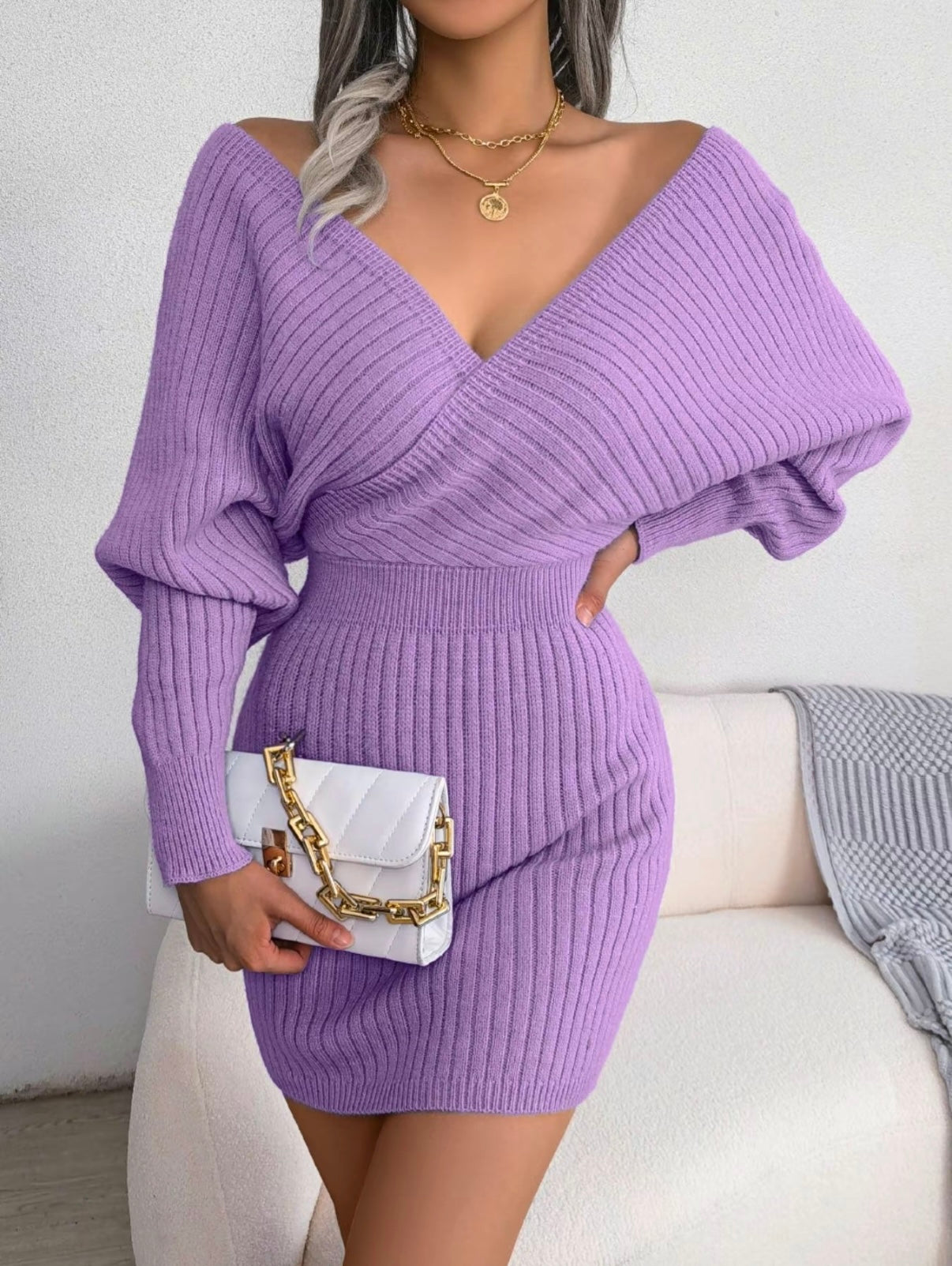 V-Neck Sleeved Knit Jumper Dress