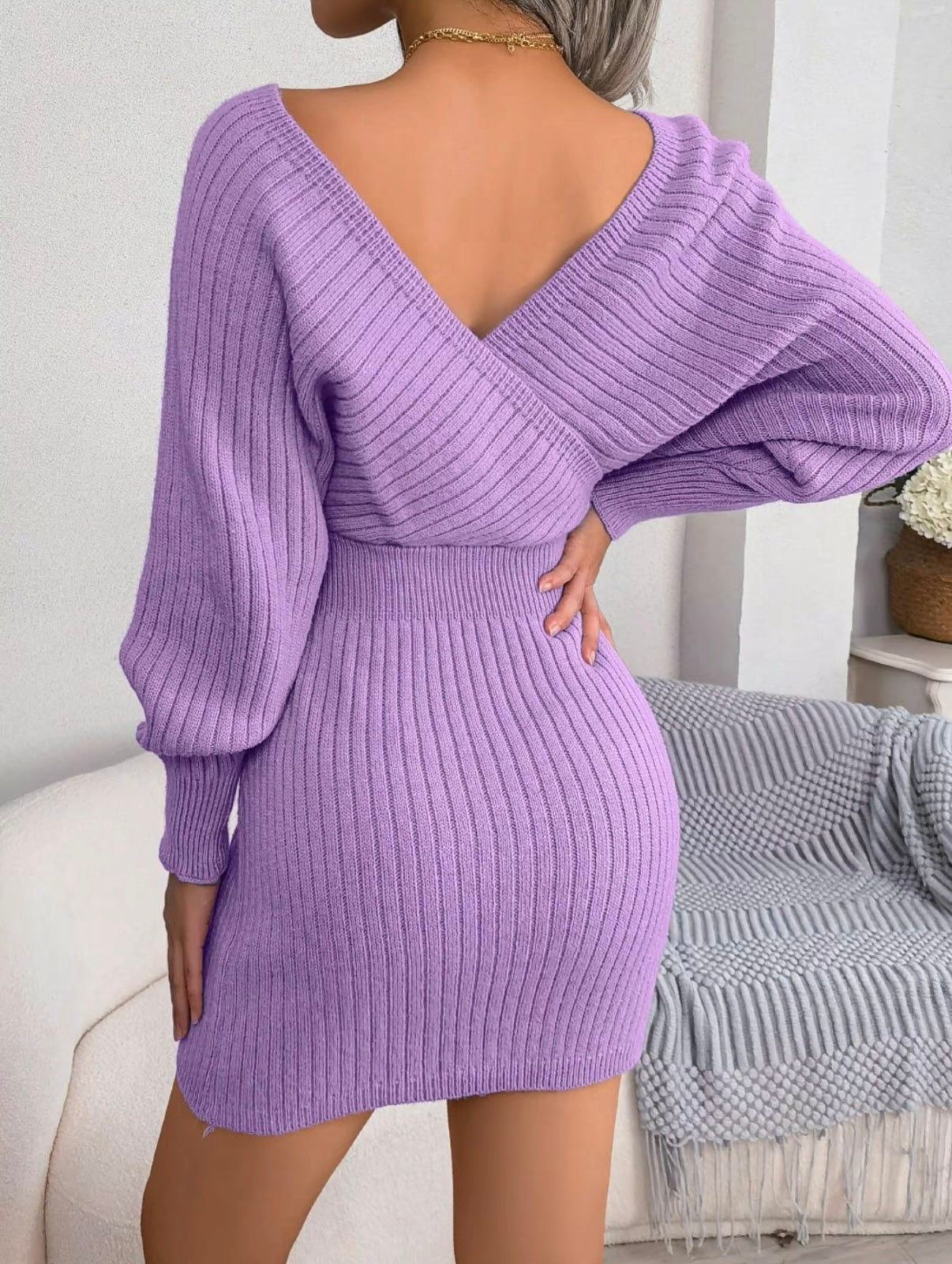 V-Neck Sleeved Knit Jumper Dress