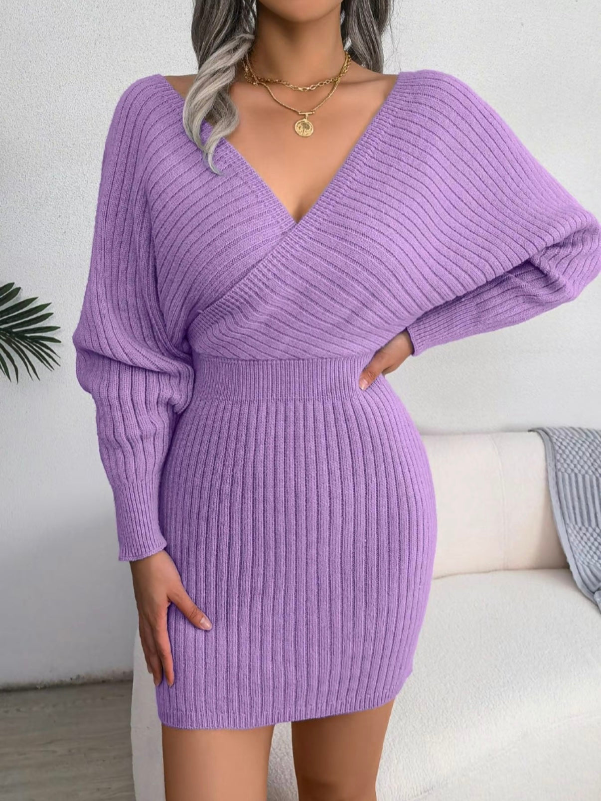 V-Neck Sleeved Knit Jumper Dress