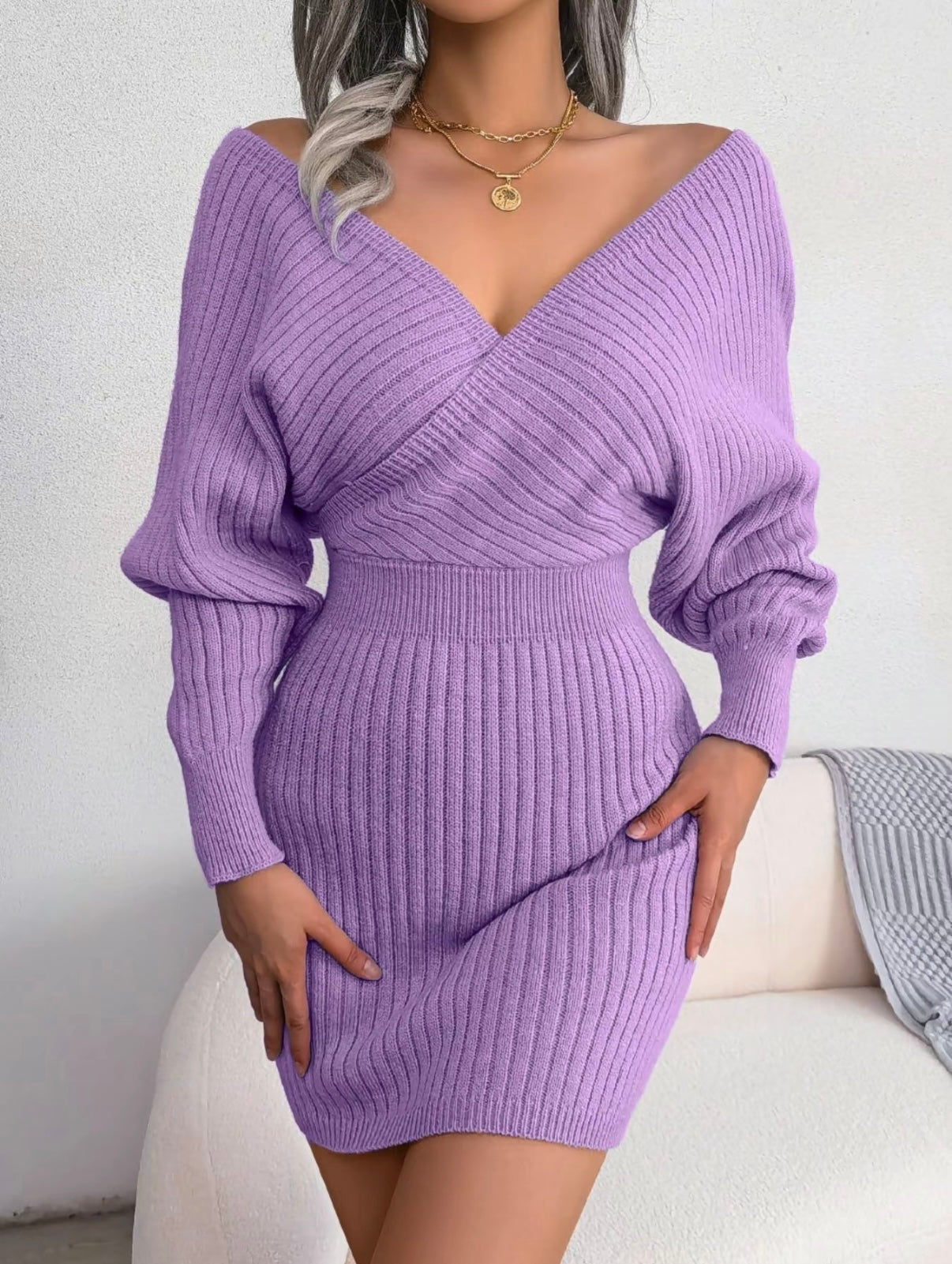 V-Neck Sleeved Knit Jumper Dress