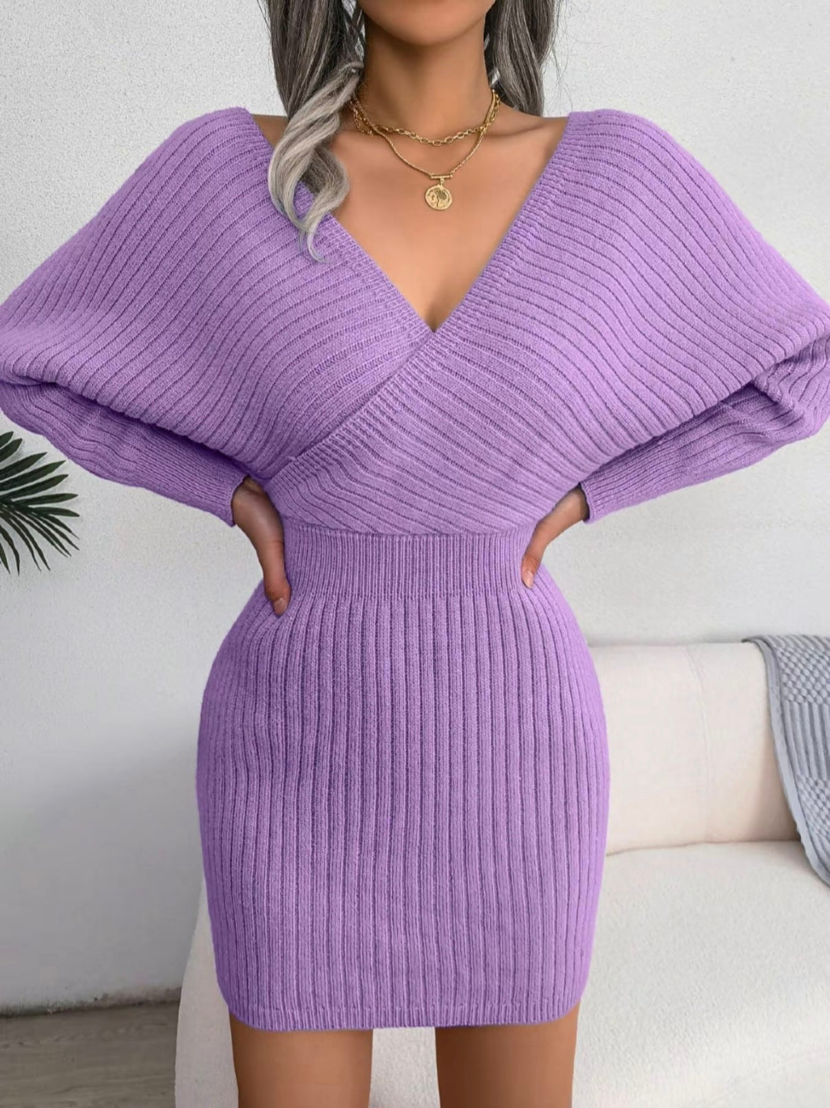 V-Neck Sleeved Knit Jumper Dress