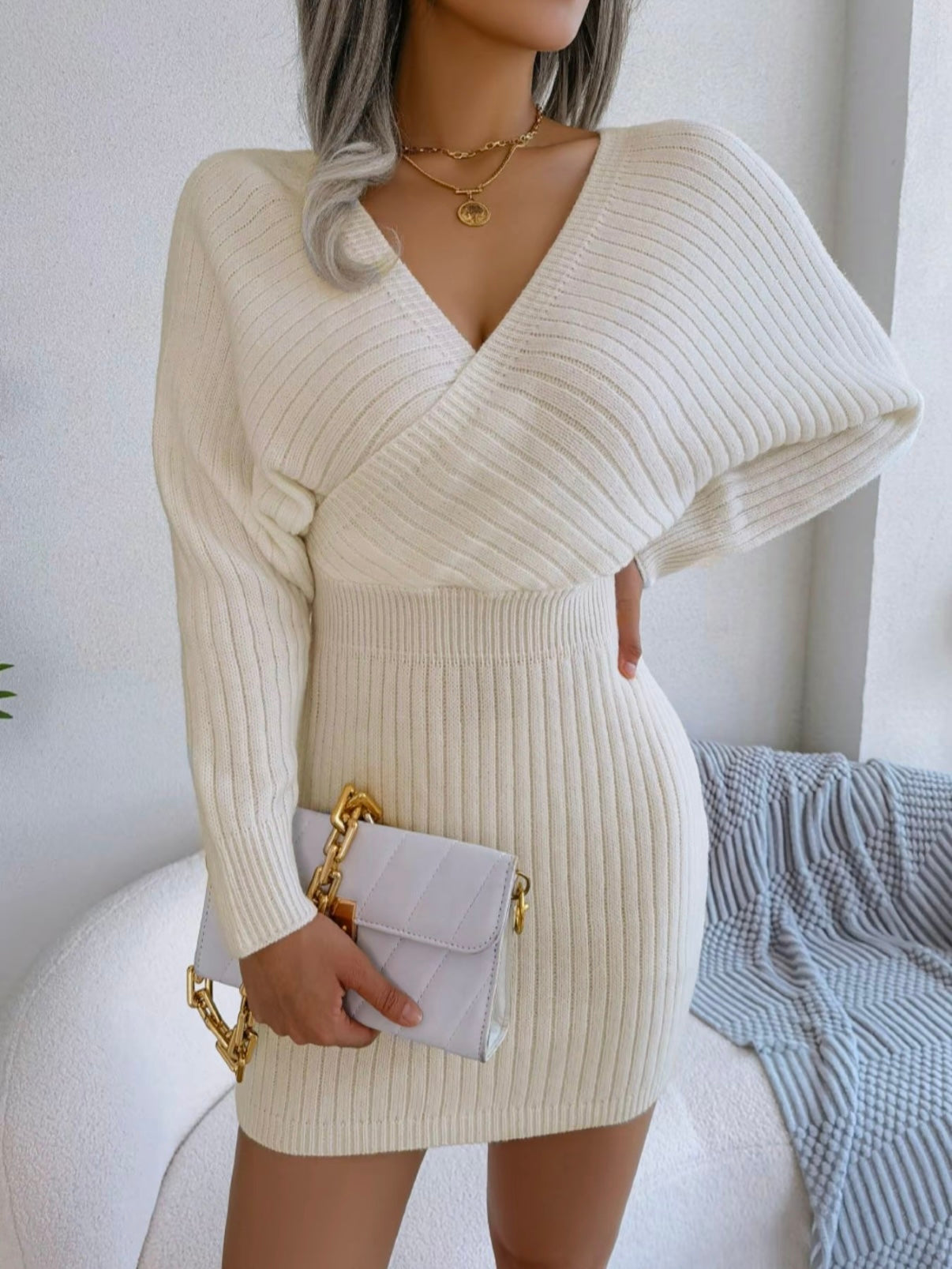 V-Neck Sleeved Knit Jumper Dress