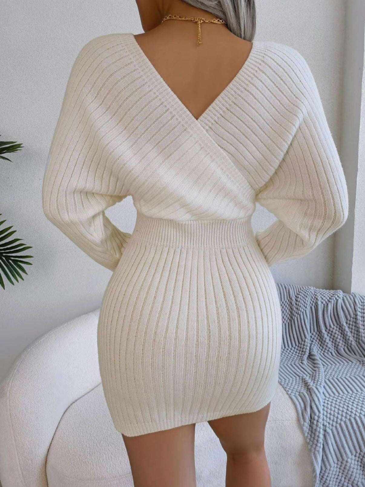 V-Neck Sleeved Knit Jumper Dress