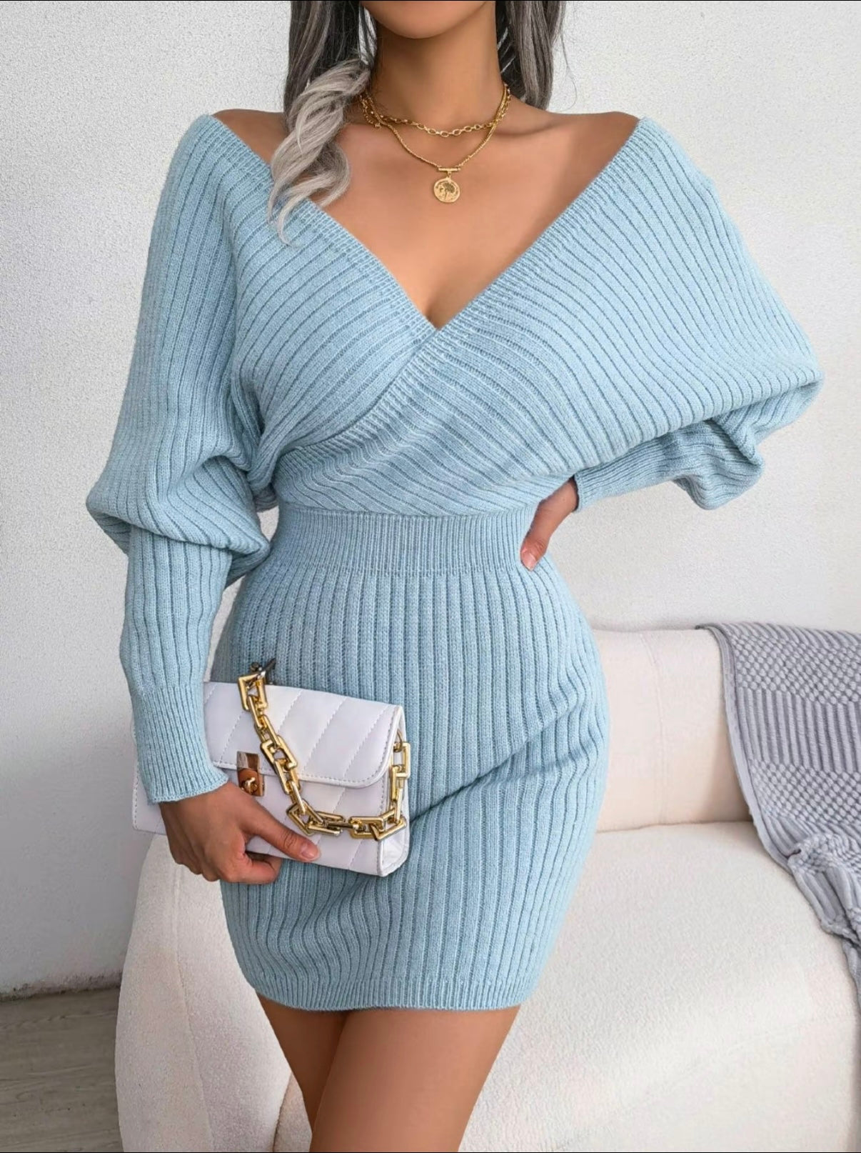 V-Neck Sleeved Knit Jumper Dress