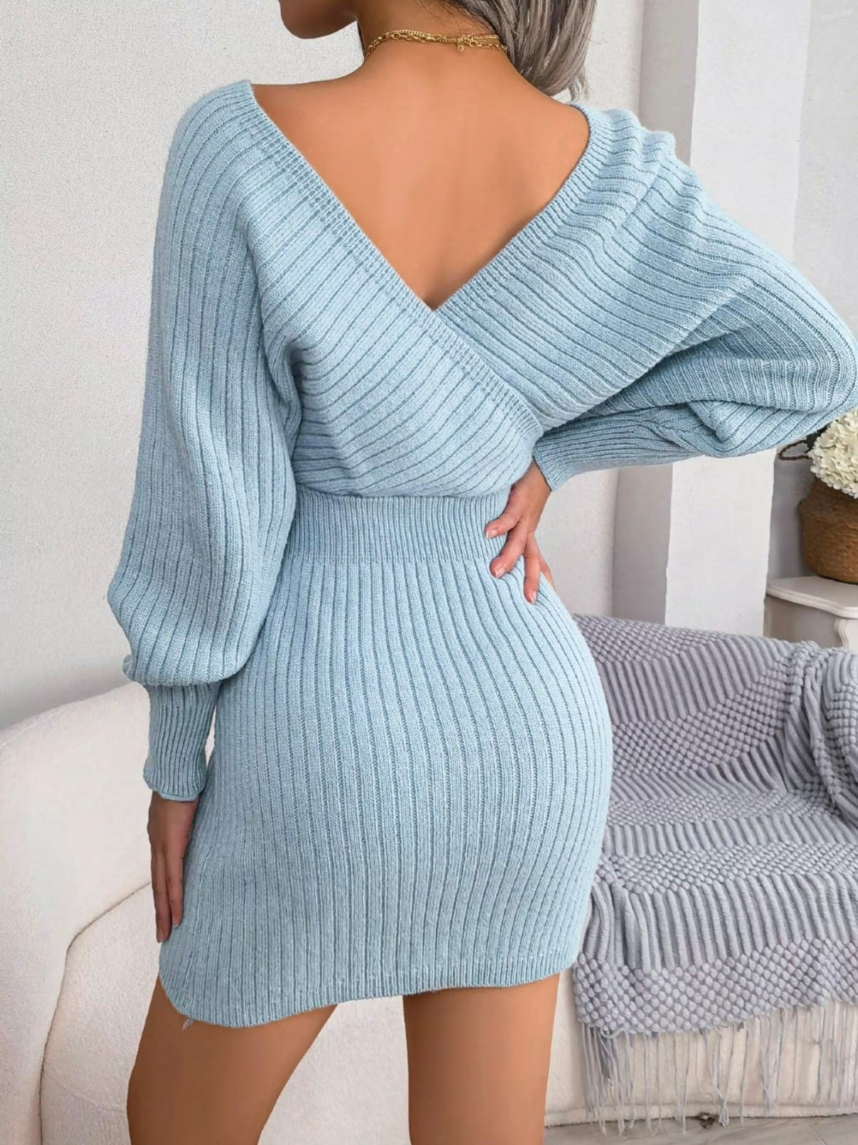 V-Neck Sleeved Knit Jumper Dress