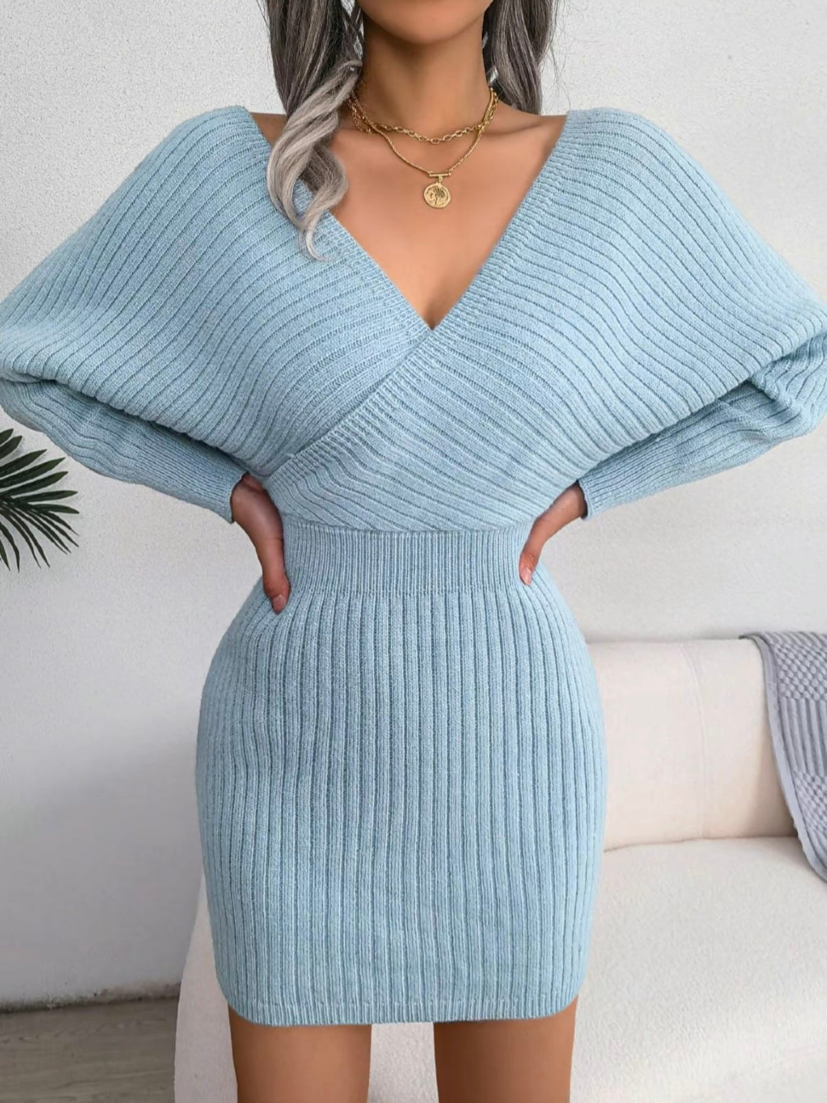 V-Neck Sleeved Knit Jumper Dress