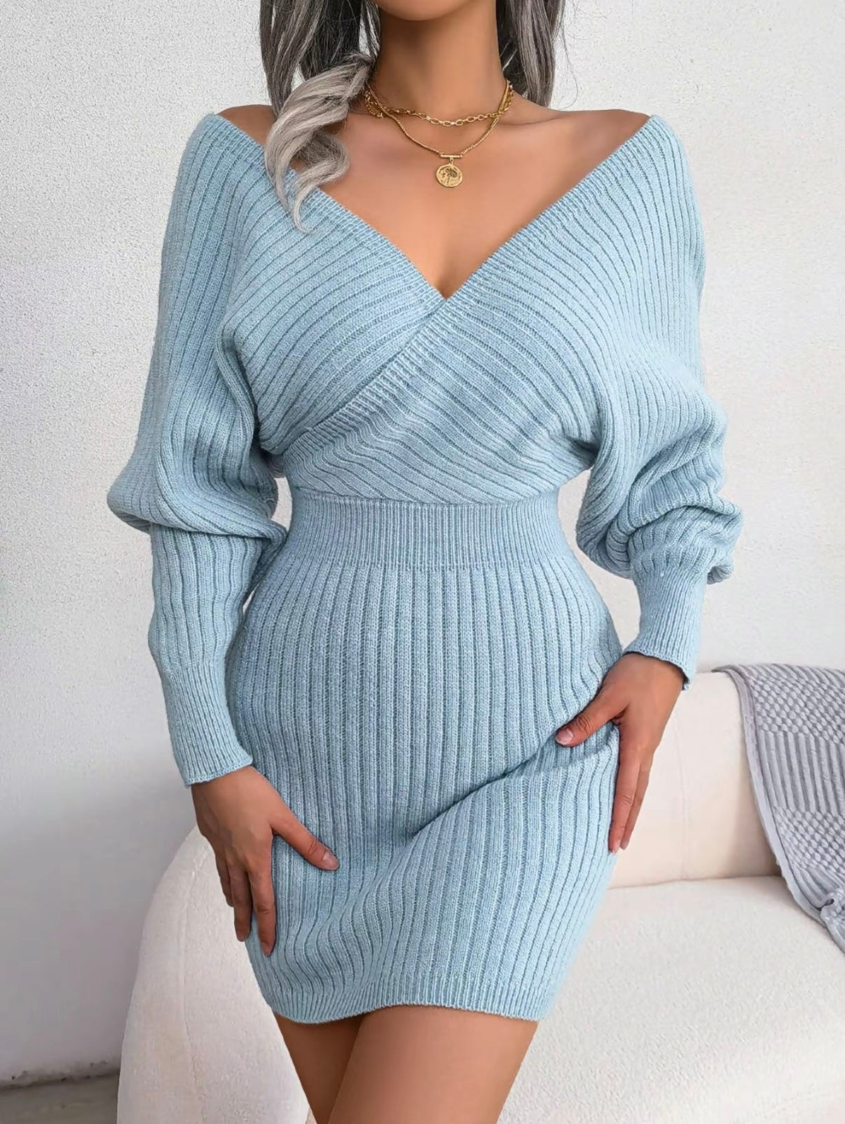 V-Neck Sleeved Knit Jumper Dress