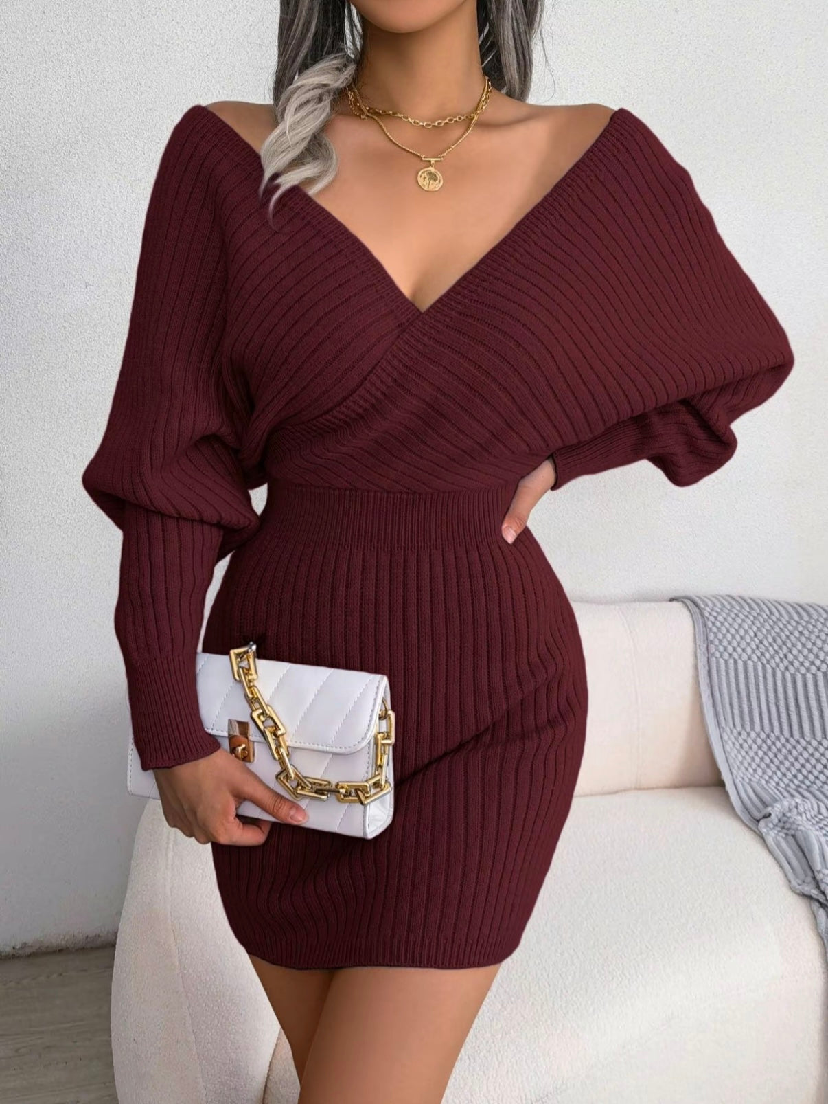 V-Neck Sleeved Knit Jumper Dress