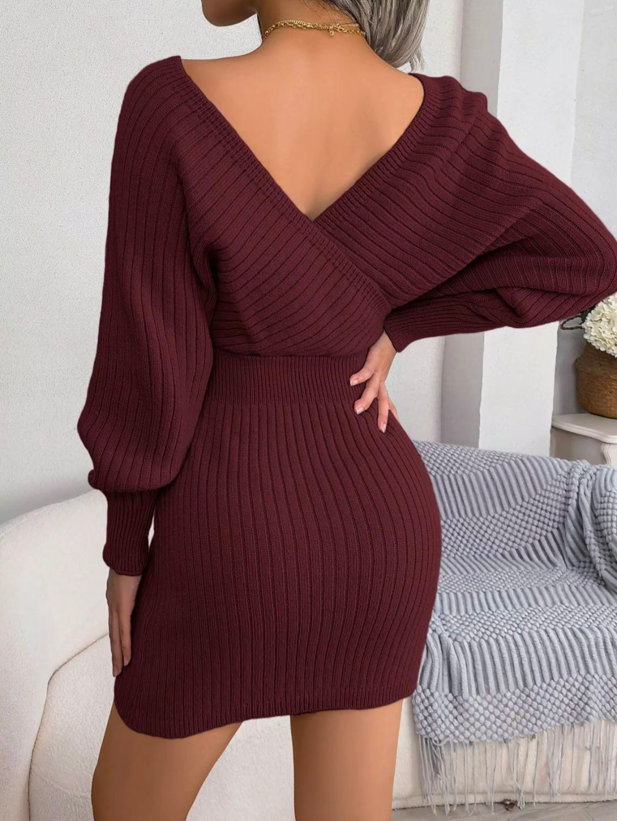 V-Neck Sleeved Knit Jumper Dress