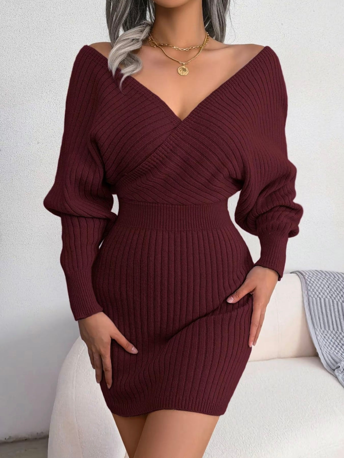 V-Neck Sleeved Knit Jumper Dress