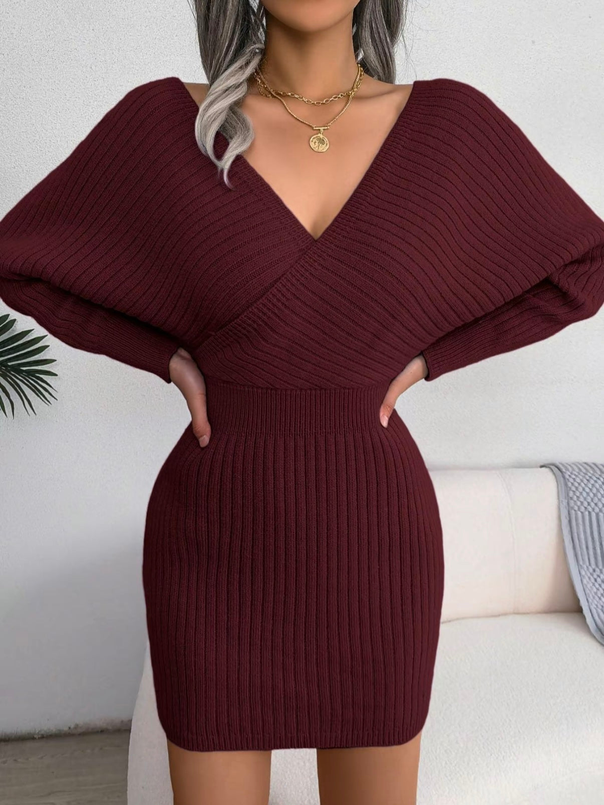 V-Neck Sleeved Knit Jumper Dress