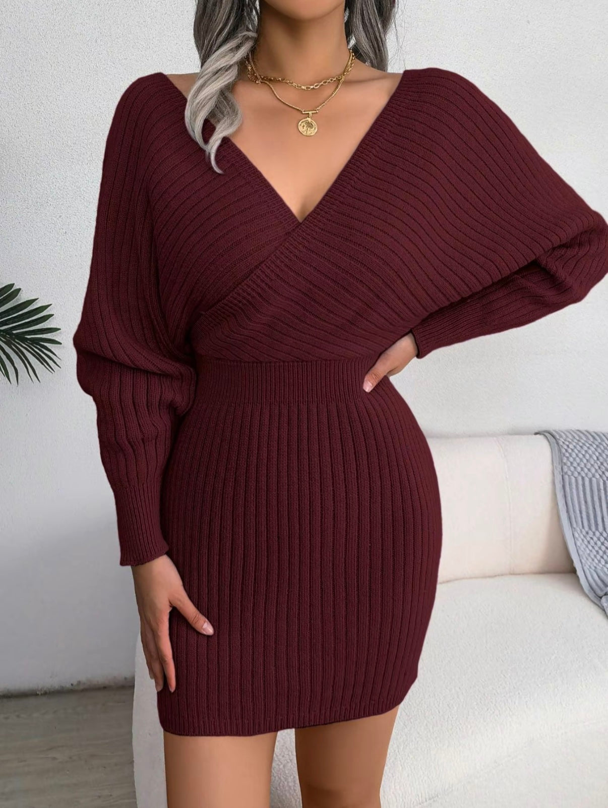 V-Neck Sleeved Knit Jumper Dress